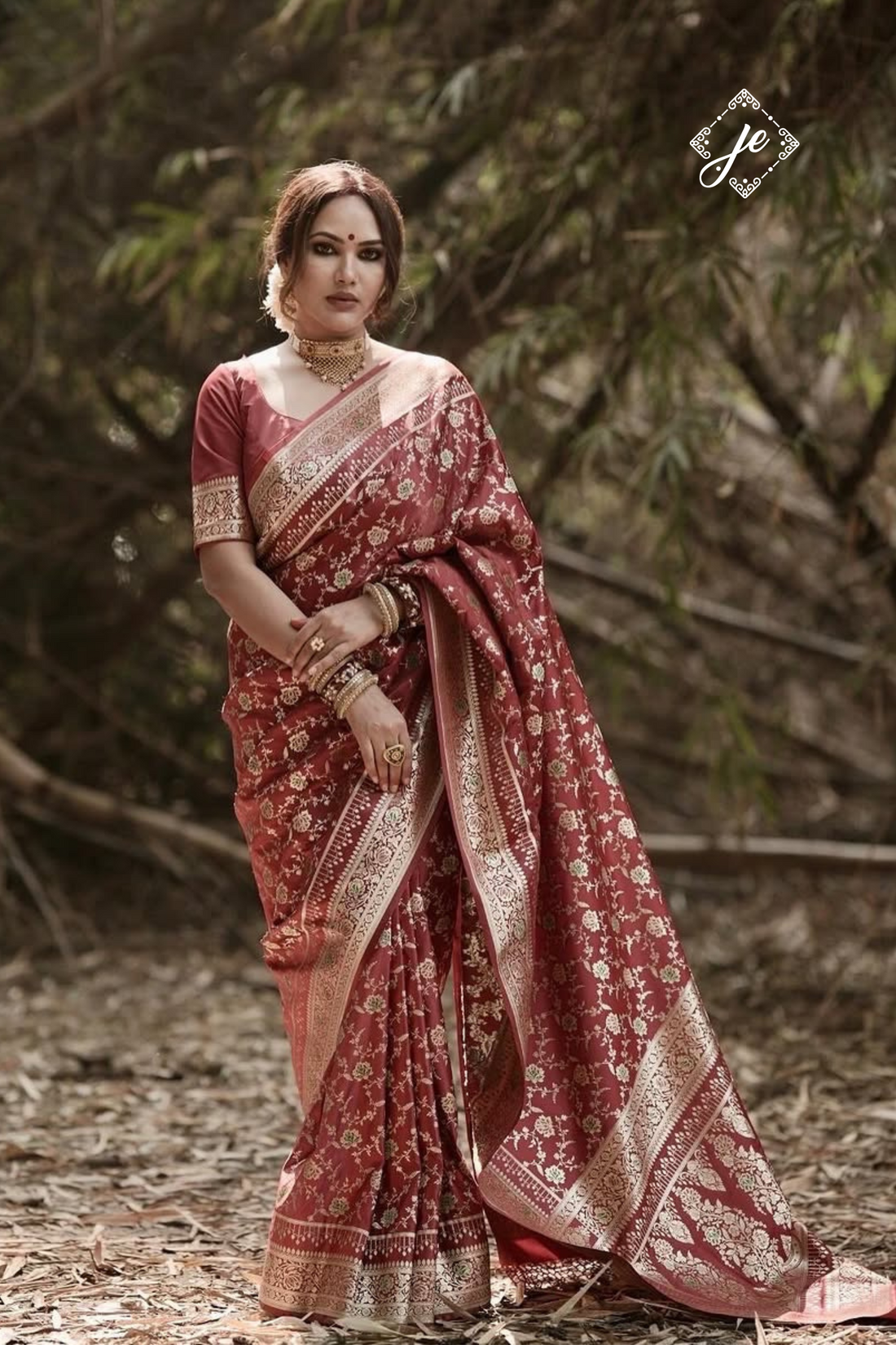 Maroon Satin Silk Meenakari Jaal Banarasi Saree