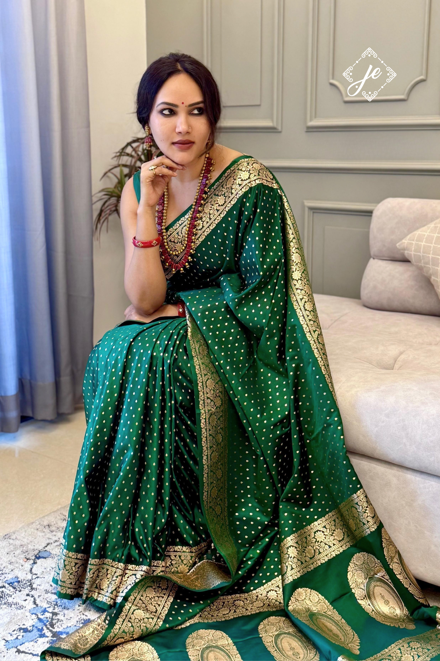 Green Satin Silk Buti Banarasi Saree