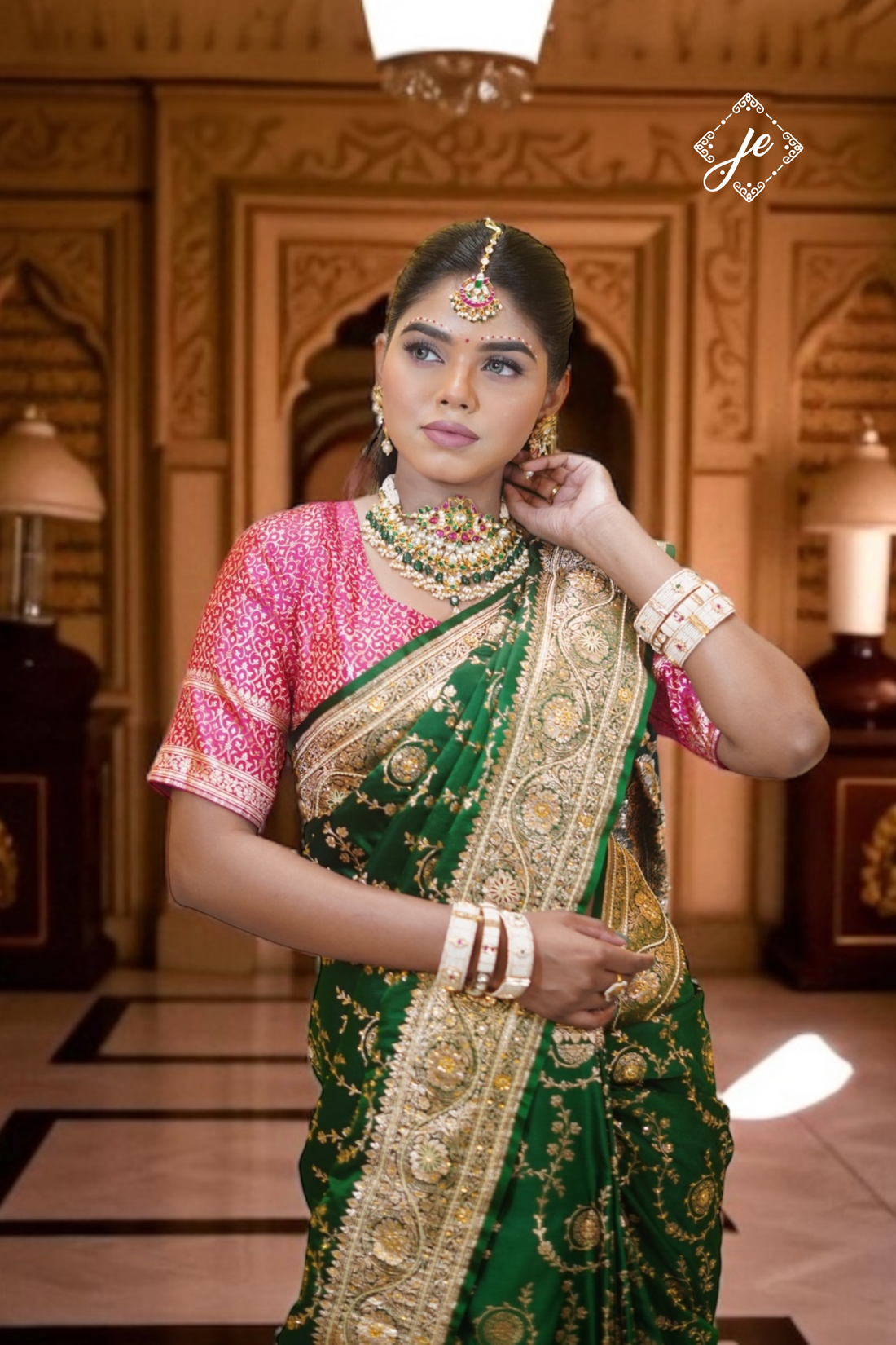 Bottle Green Satin Silk Banarasi Saree