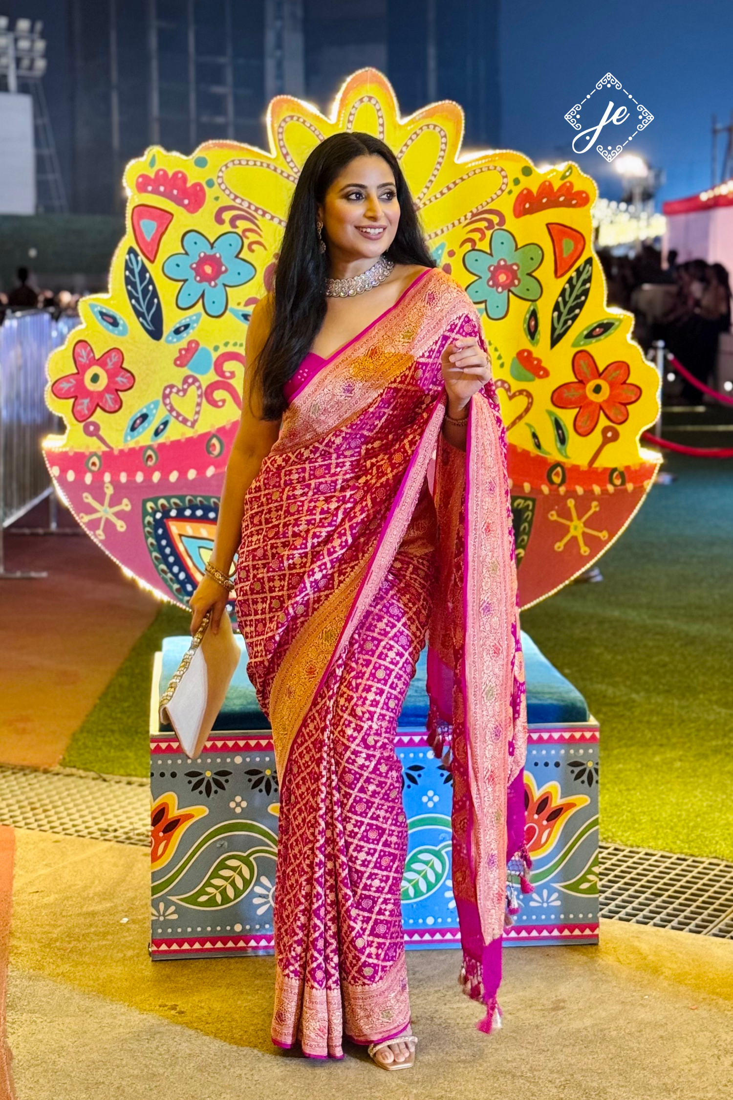 Rani Pink Meenakari Bandhej Khaddi Banarasi Saree