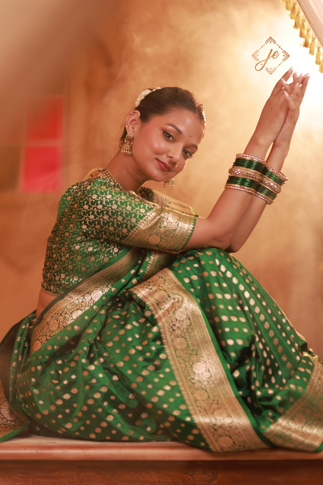 Green Satin Silk Leheriya Buti Banarasi Saree