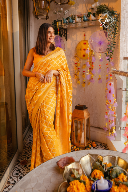 Yellow Pure Khaddi Banarasi Saree