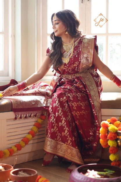 Maroon Satin Silk Jaal Banarasi Saree