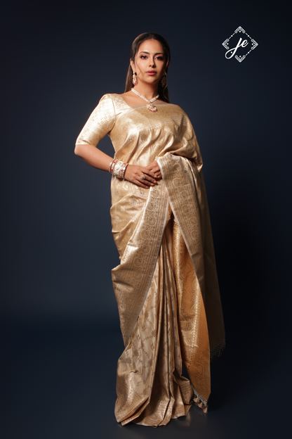 Beige Satin Silk Jaal Banarasi Saree