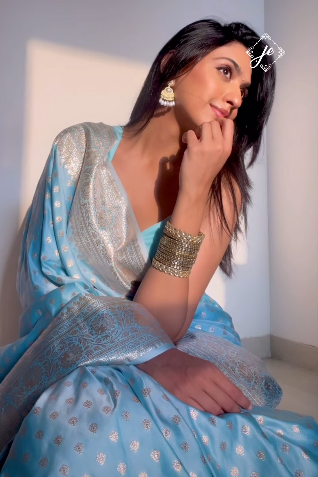 Powder Blue Satin Silk Banarasi Saree