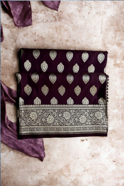 Wine Satin Silk Banarasi Saree