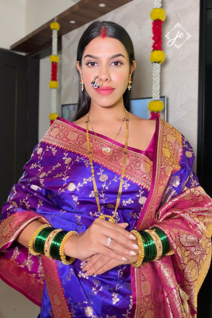 Purple Satin Silk with Contrast Rani Pink Border Banarasi Saree