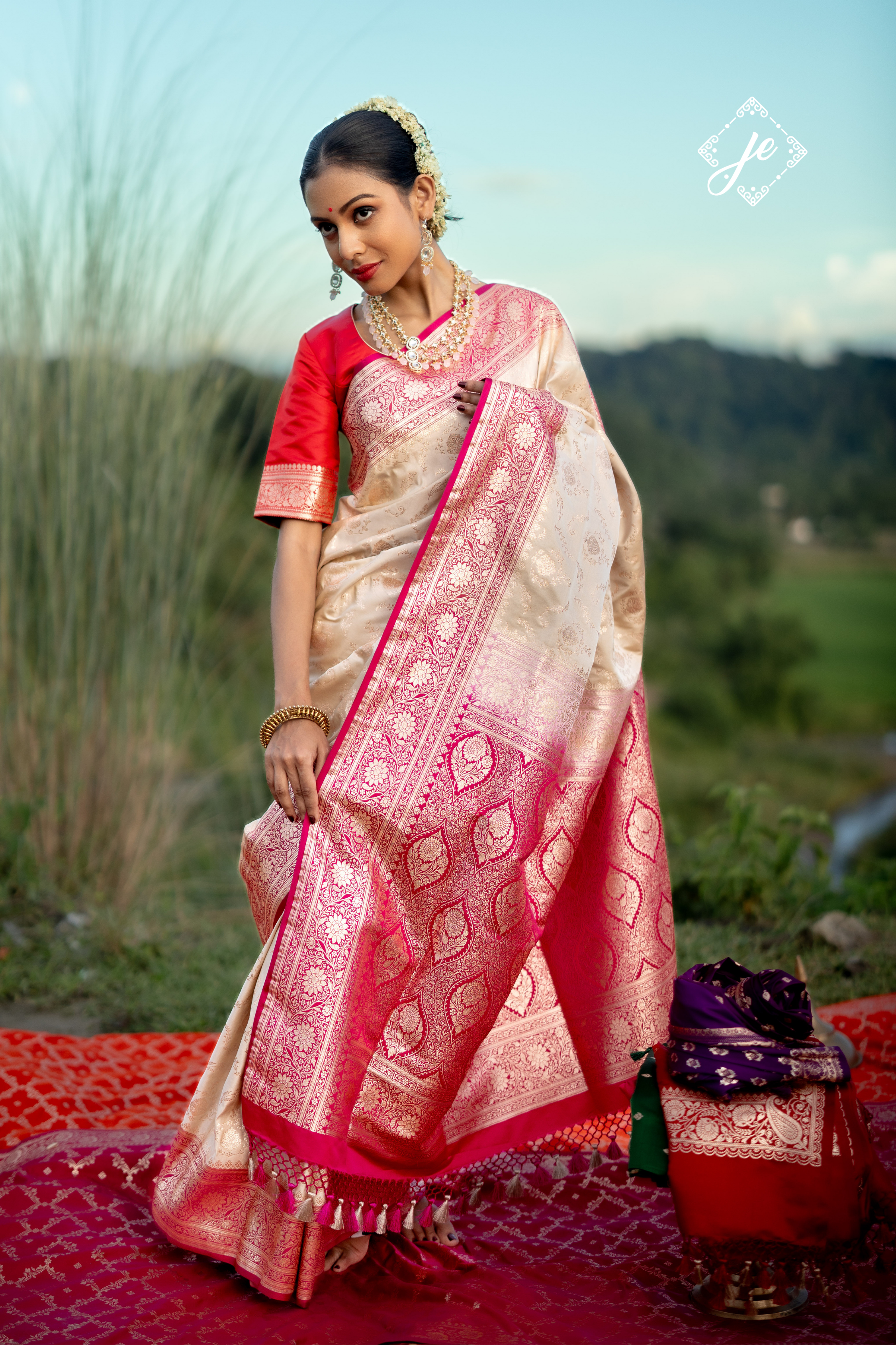 Beige with Rani Pink Border Satin Silk Jaal Banarasi Saree