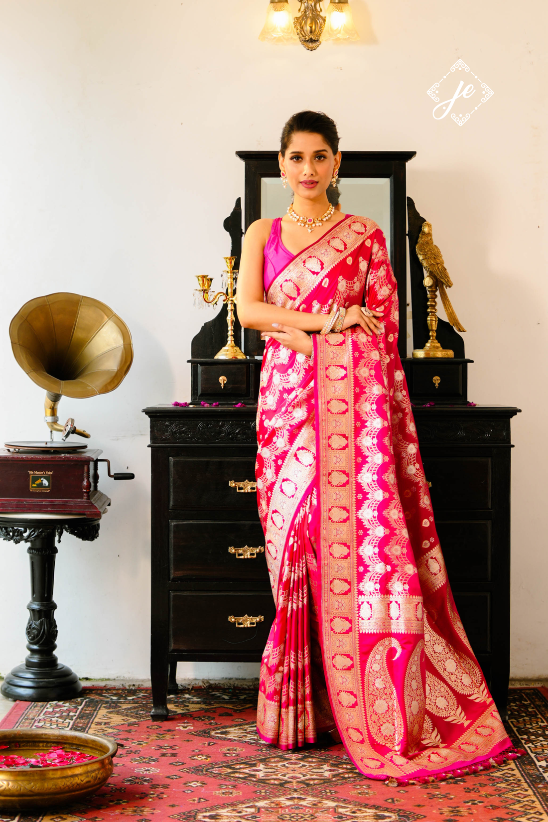 Rani Pink Satin Silk Jaal Banarasi Saree