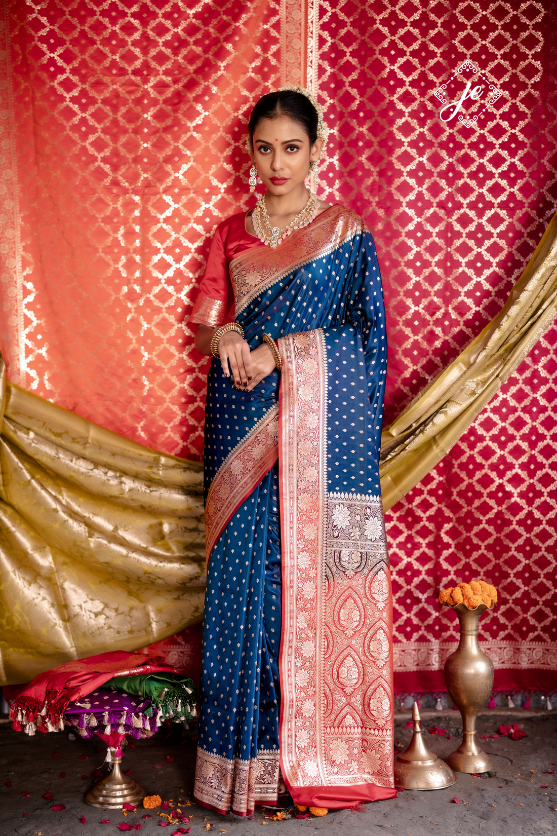 Navy Blue Satin Silk Buti Banarasi Saree with contrast Red Border