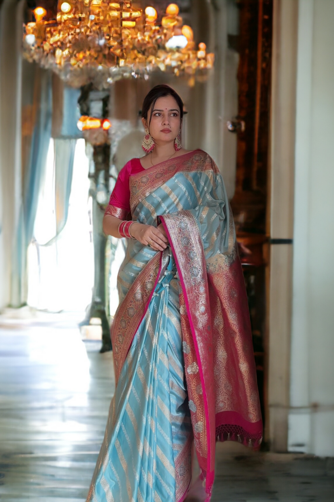 Ice Blue Satin Silk with Contrast Pink Border Banarasi Saree