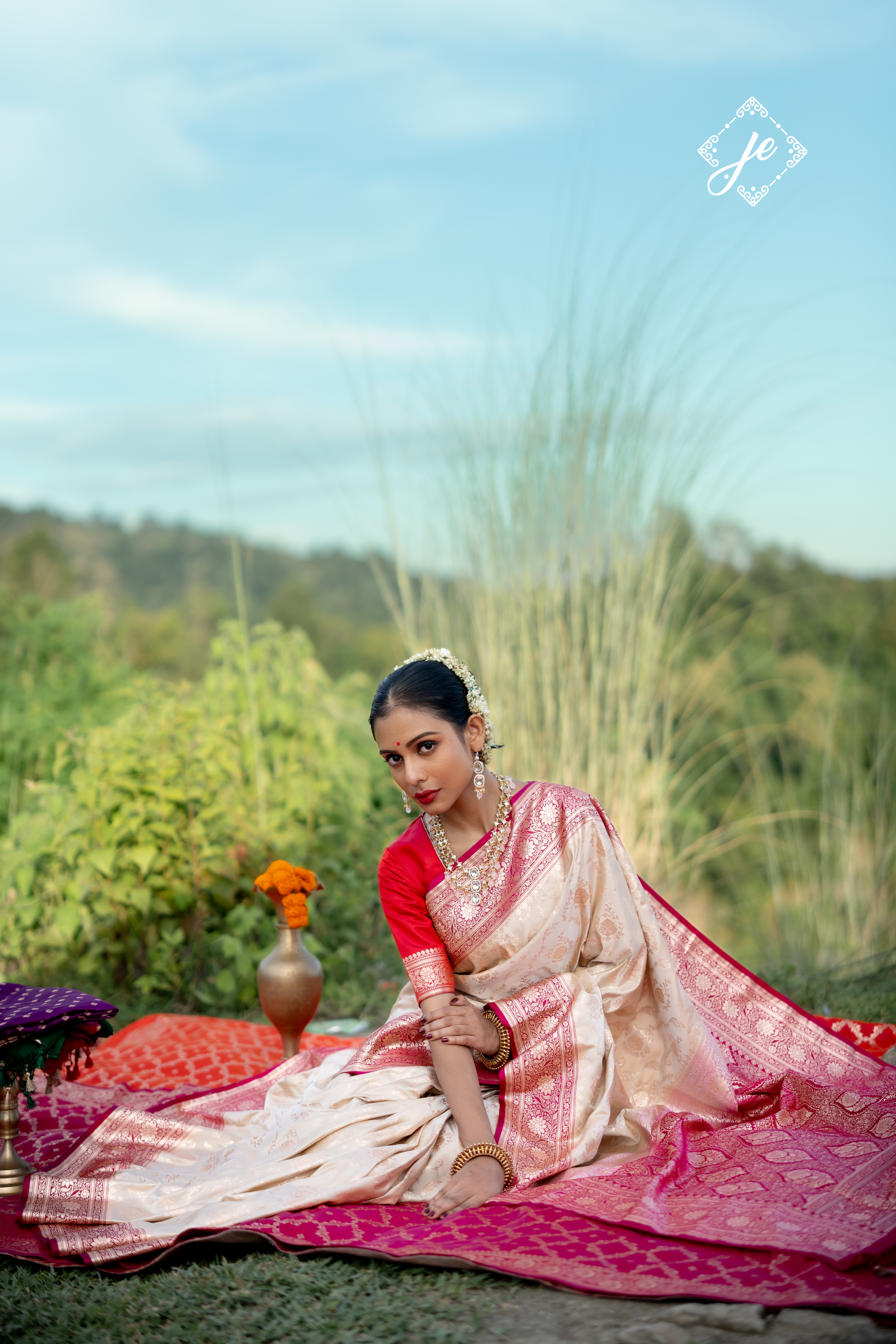Beige with Rani Pink Border Satin Silk Jaal Banarasi Saree
