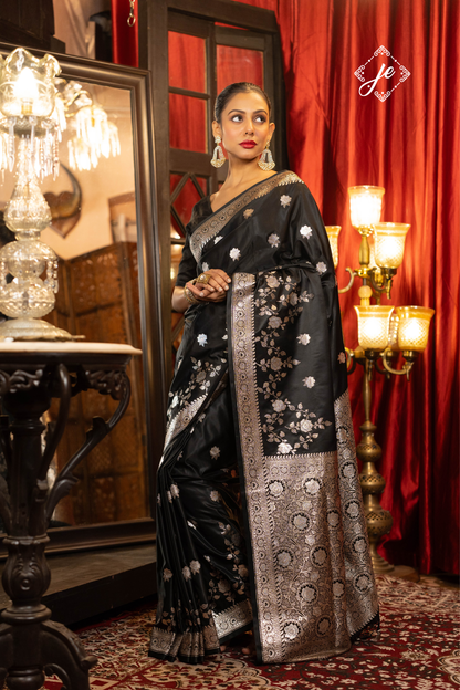 Black Satin Silk Banarasi Saree