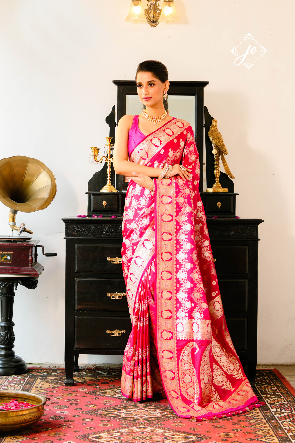 Rani Pink Satin Silk Jaal Banarasi Saree