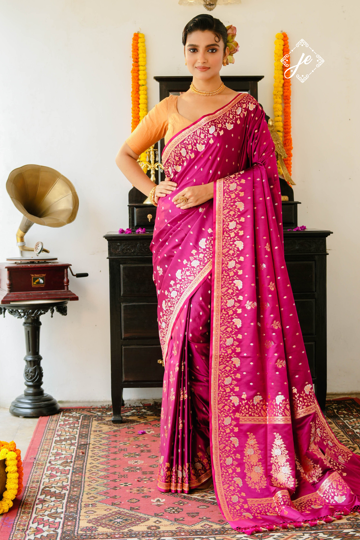 Magenta Satin Silk Buti Banarasi Saree