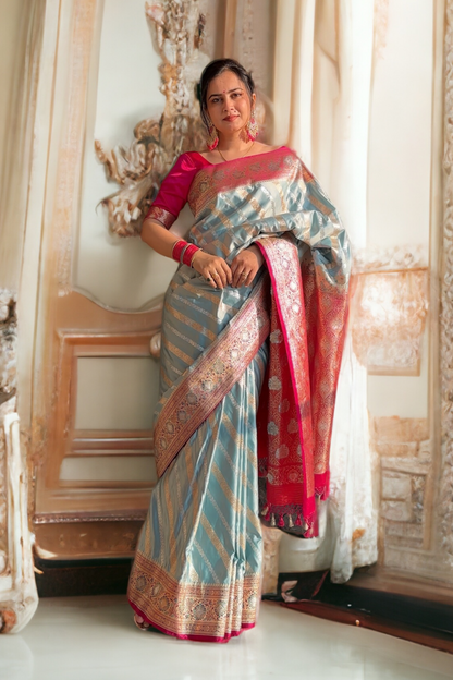 Ice Blue Satin Silk with Contrast Pink Border Banarasi Saree