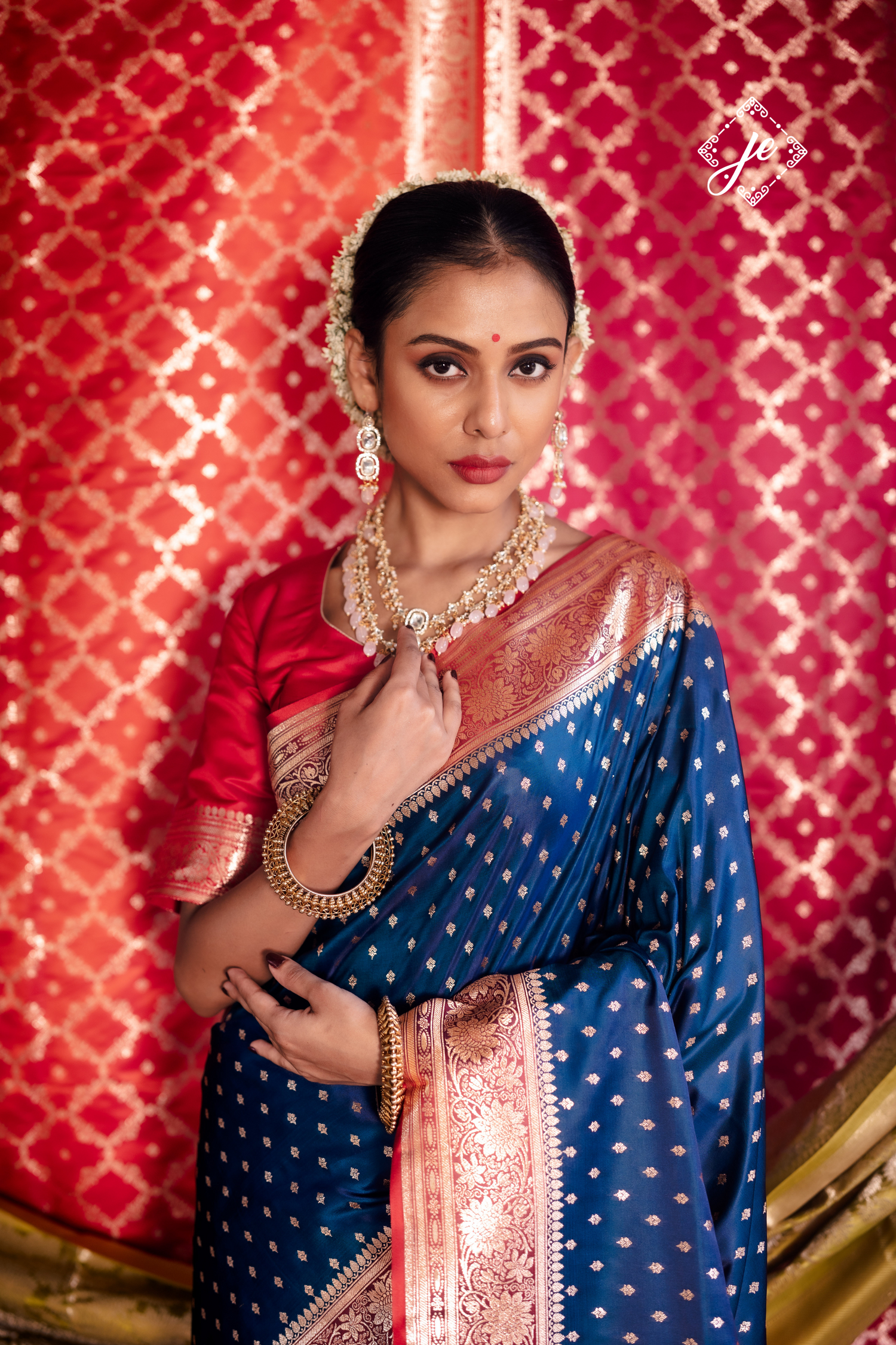 Navy Blue with Red Border Satin Silk Buti Banarasi Saree