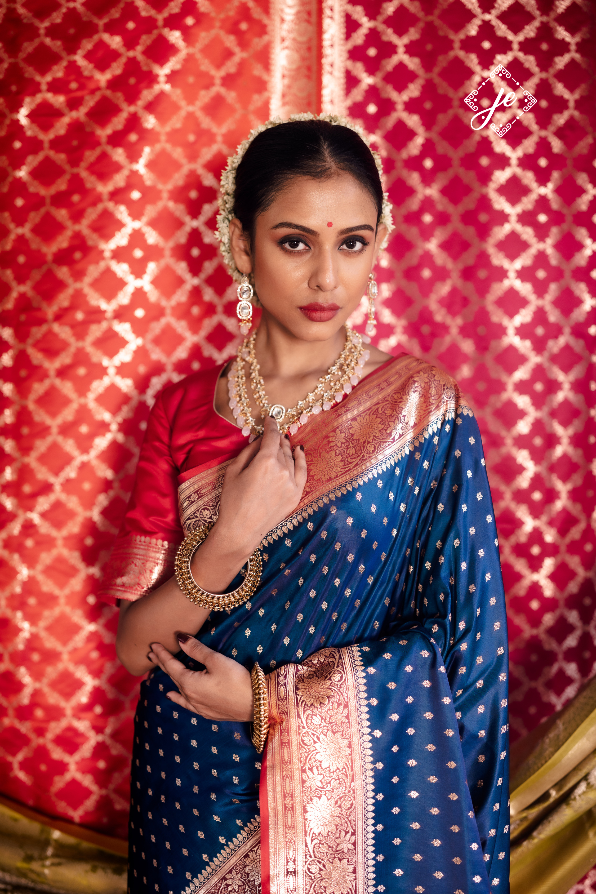 Navy Blue with Red Border Satin Silk Buti Banarasi Saree