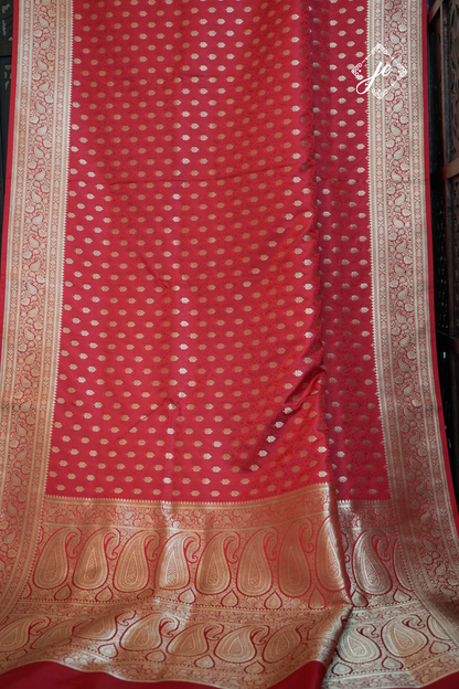 Red Satin Silk Jamevaar Buti Banarasi Saree