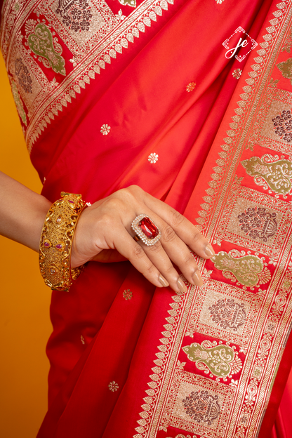 Rose Red Satin Silk Meenakari Banarasi Saree