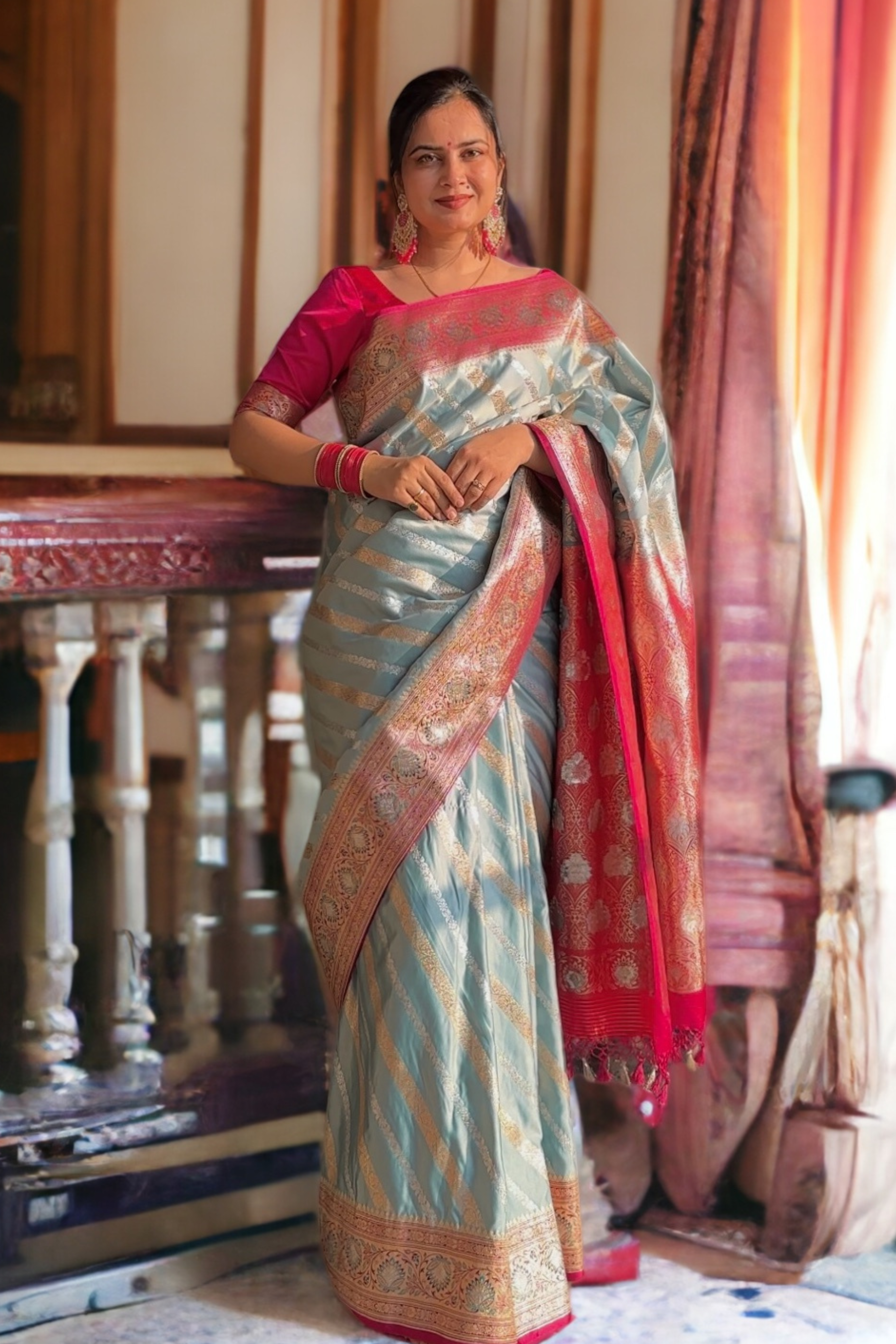 Ice Blue Satin Silk with Contrast Pink Border Banarasi Saree