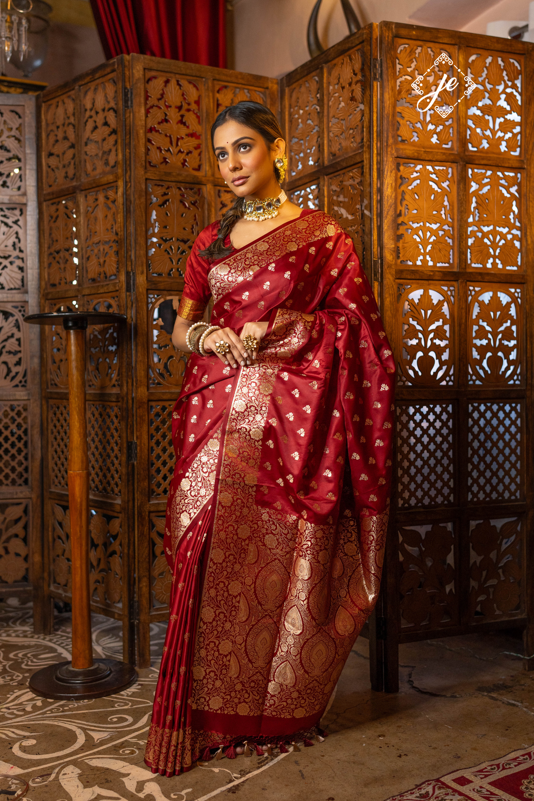 Maroon Open Border Satin Silk Buti Banarasi Saree