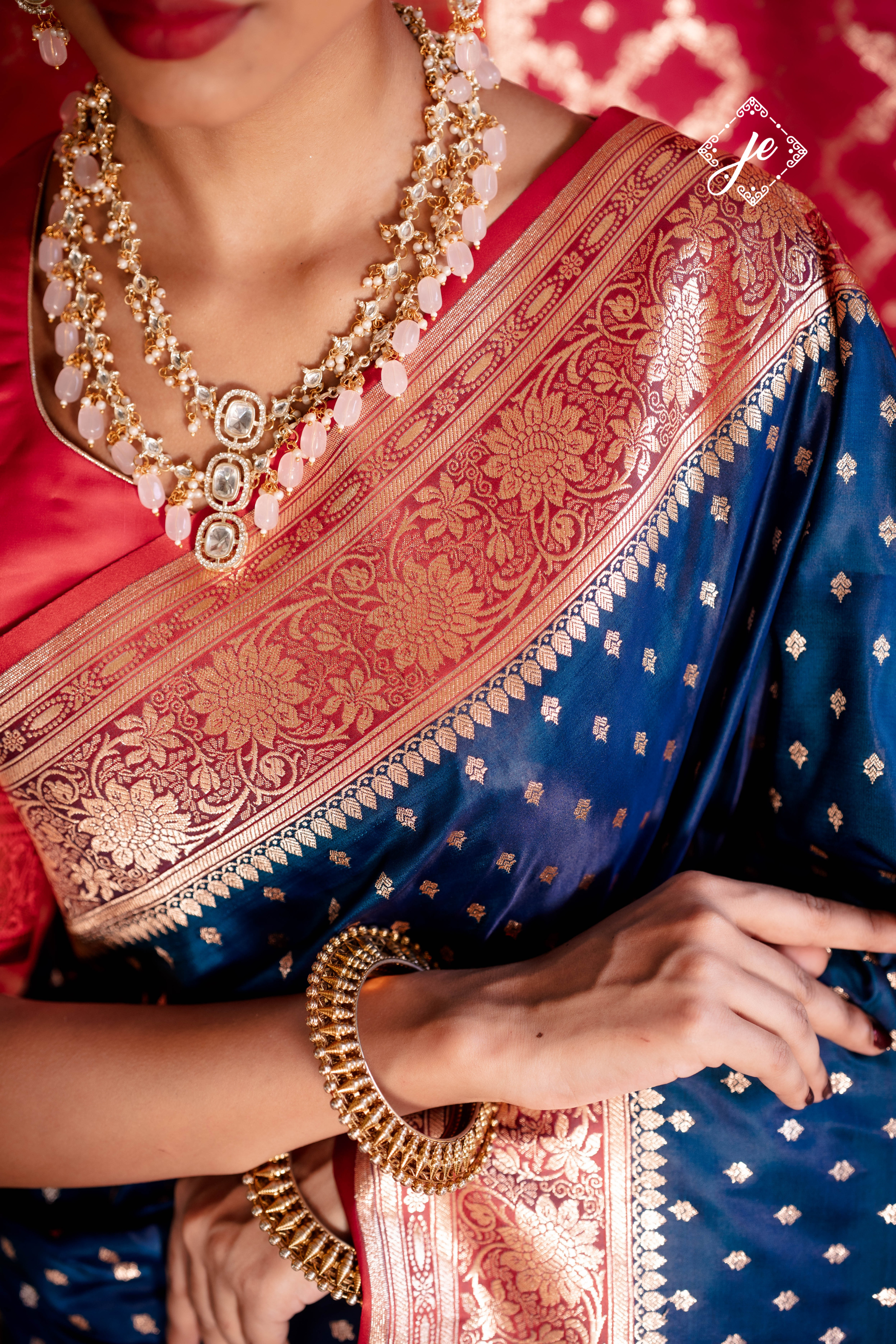 Navy Blue with Red Border Satin Silk Buti Banarasi Saree