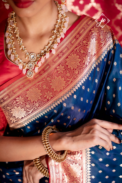Navy Blue with Red Border Satin Silk Buti Banarasi Saree