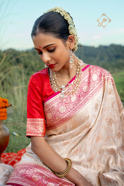 Beige with Rani Pink Border Satin Silk Jaal Banarasi Saree