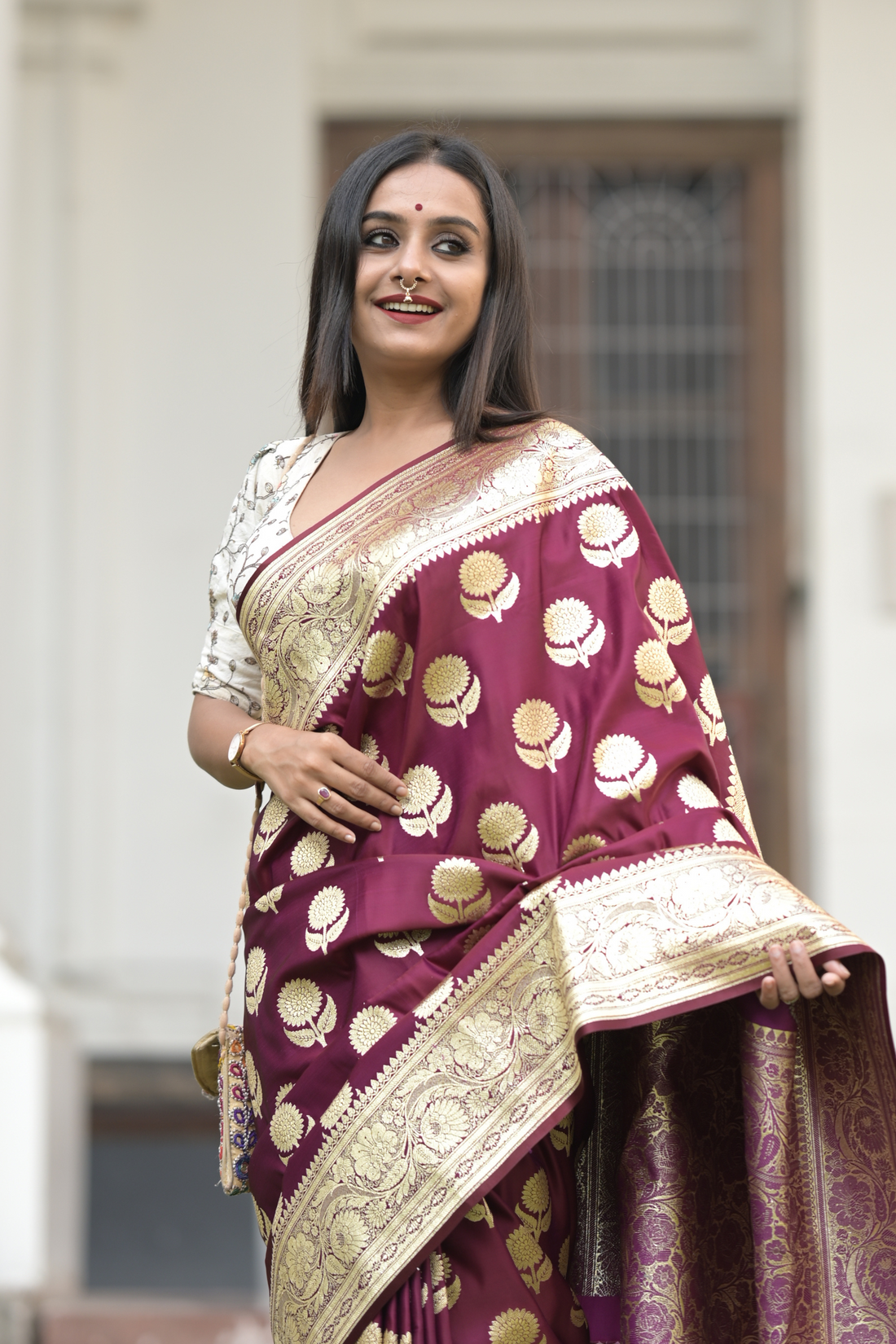 Wine Satin Silk Floral Buta Banarasi Saree