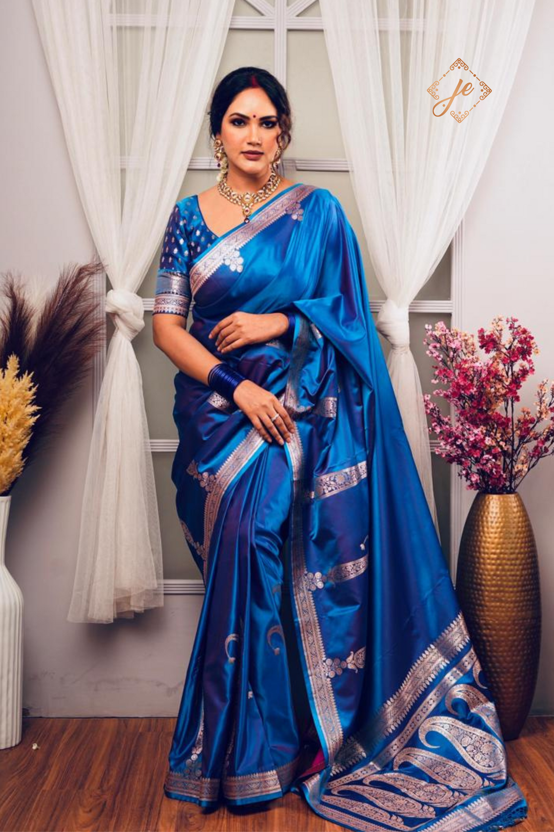 Blue Satin Silk Banarasi Saree
