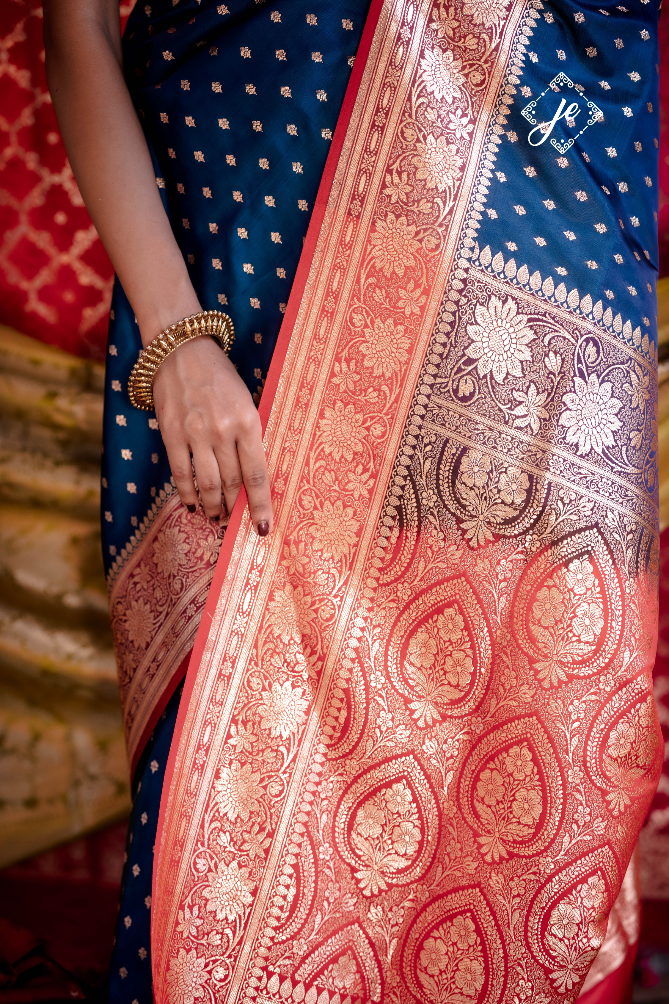 Navy Blue with Red Border Satin Silk Buti Banarasi Saree