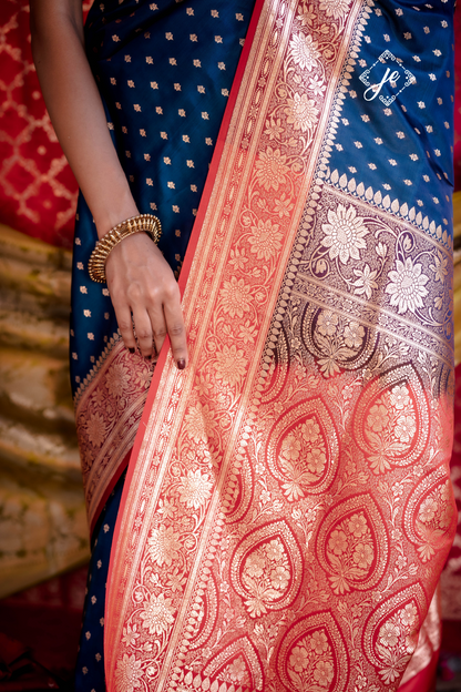 Navy Blue with Red Border Satin Silk Buti Banarasi Saree