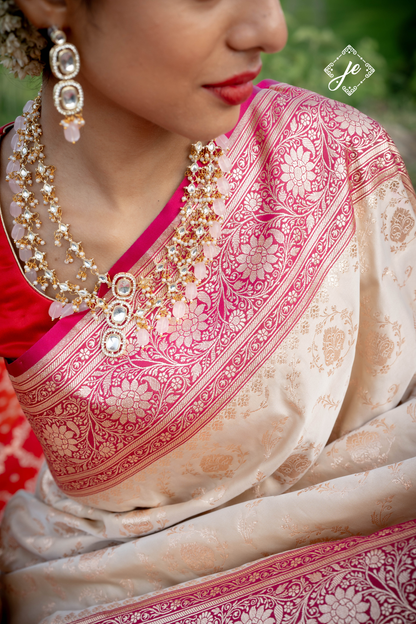 Beige with Rani Pink Border Satin Silk Jaal Banarasi Saree