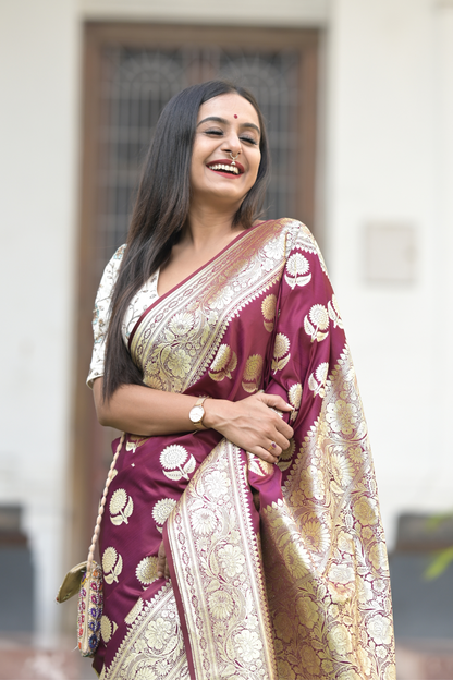 Wine Satin Silk Floral Buta Banarasi Saree