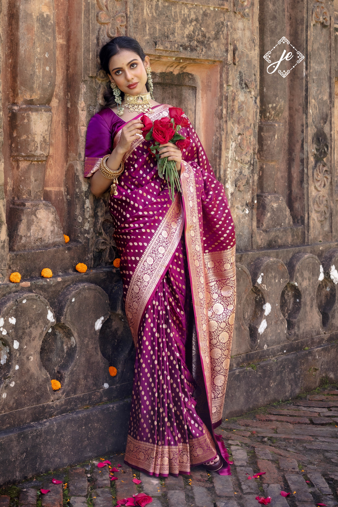 Purple Satin Silk Leheriya Buti Banarasi Saree