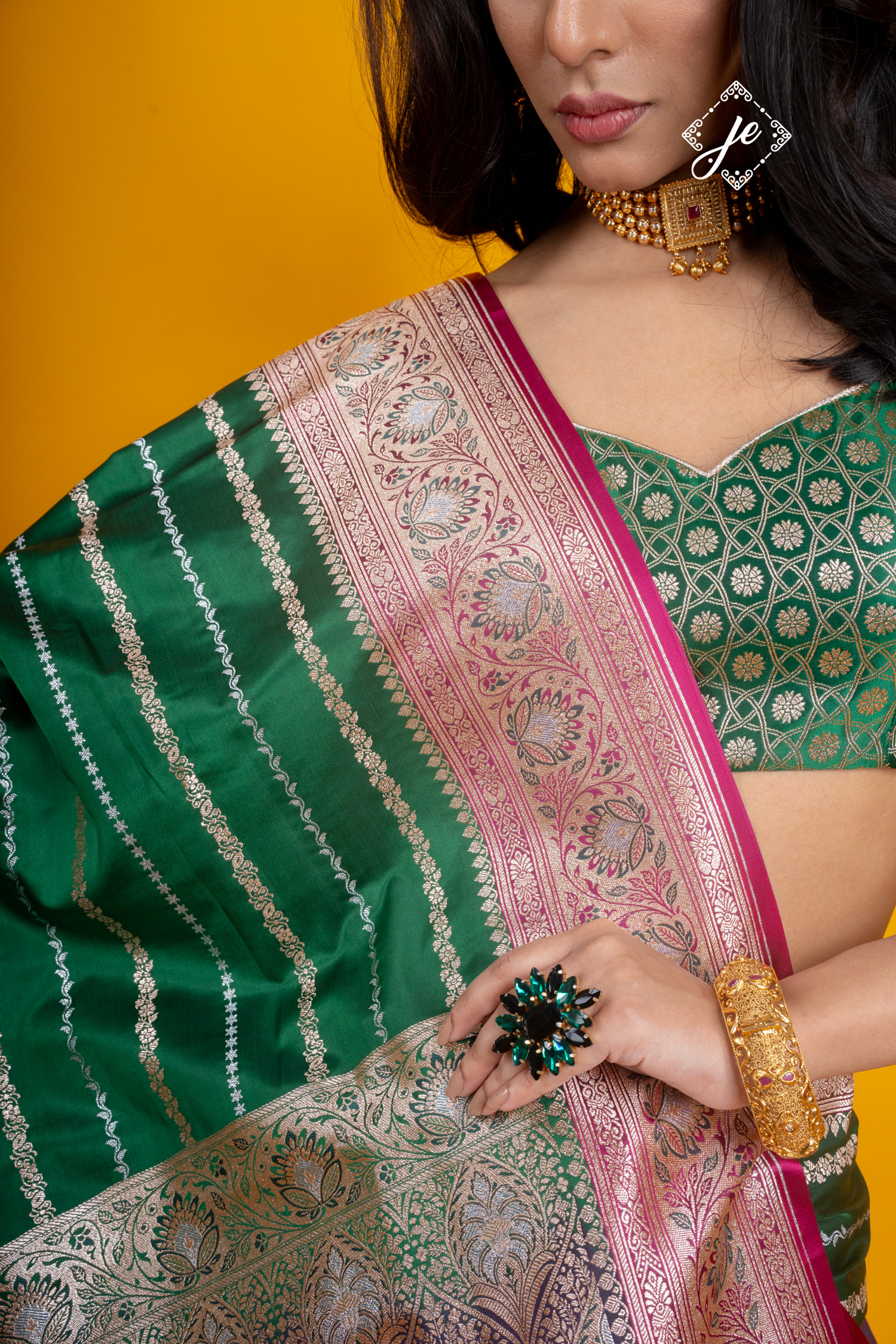 Bottle Green Satin Level-Striped Banarasi Saree