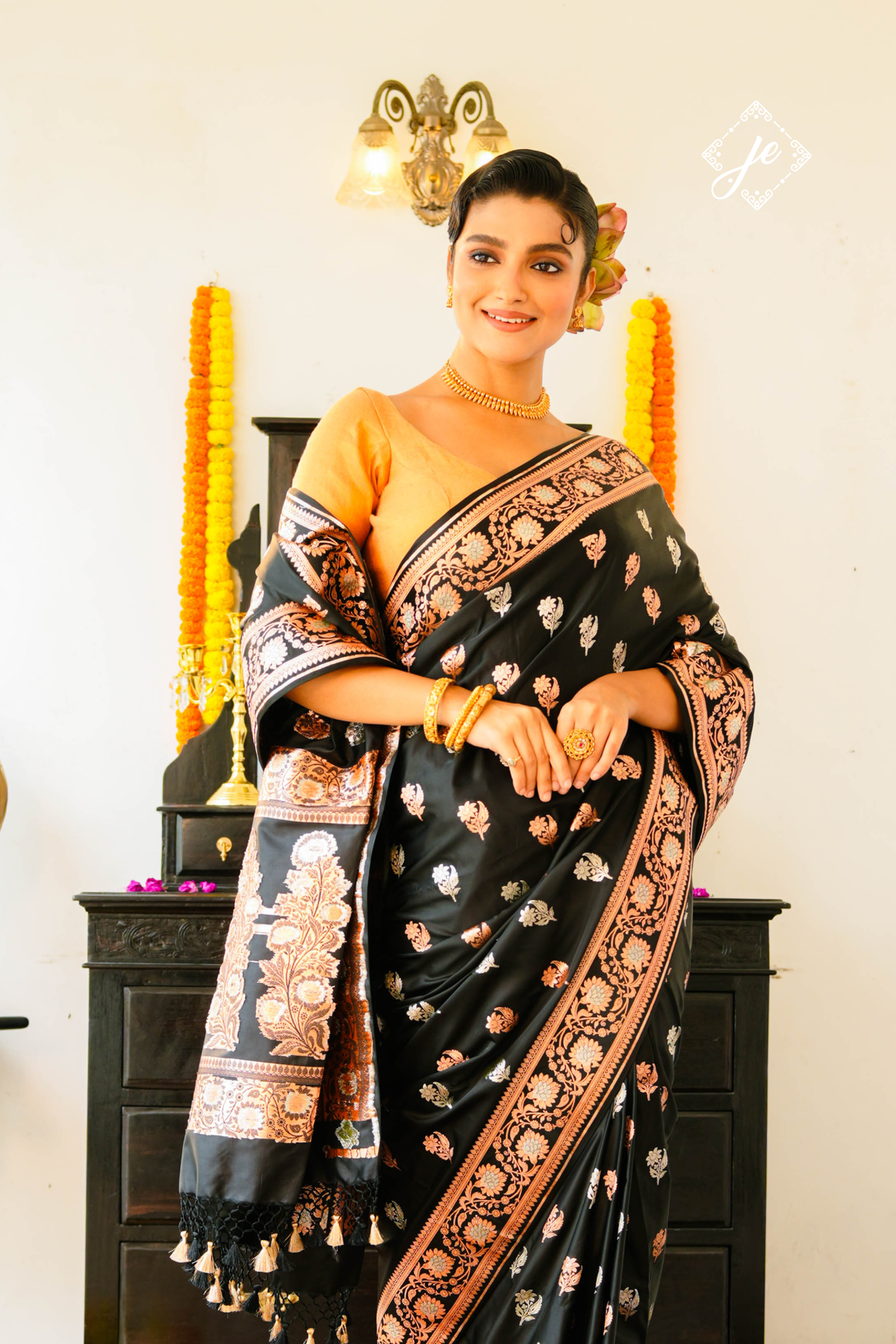 Black Satin Silk Banarasi Saree