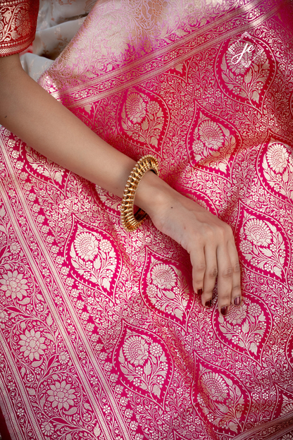 Beige with Rani Pink Border Satin Silk Jaal Banarasi Saree