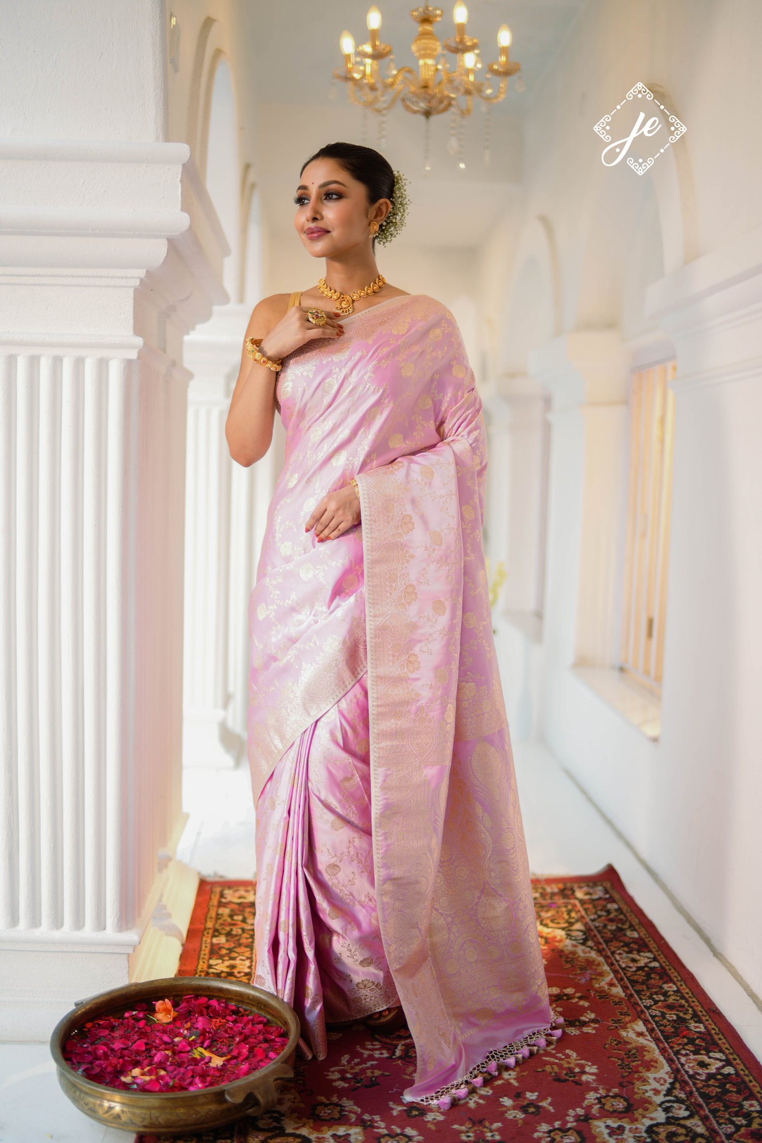 Pastel Pink Satin Silk Banarasi Saree