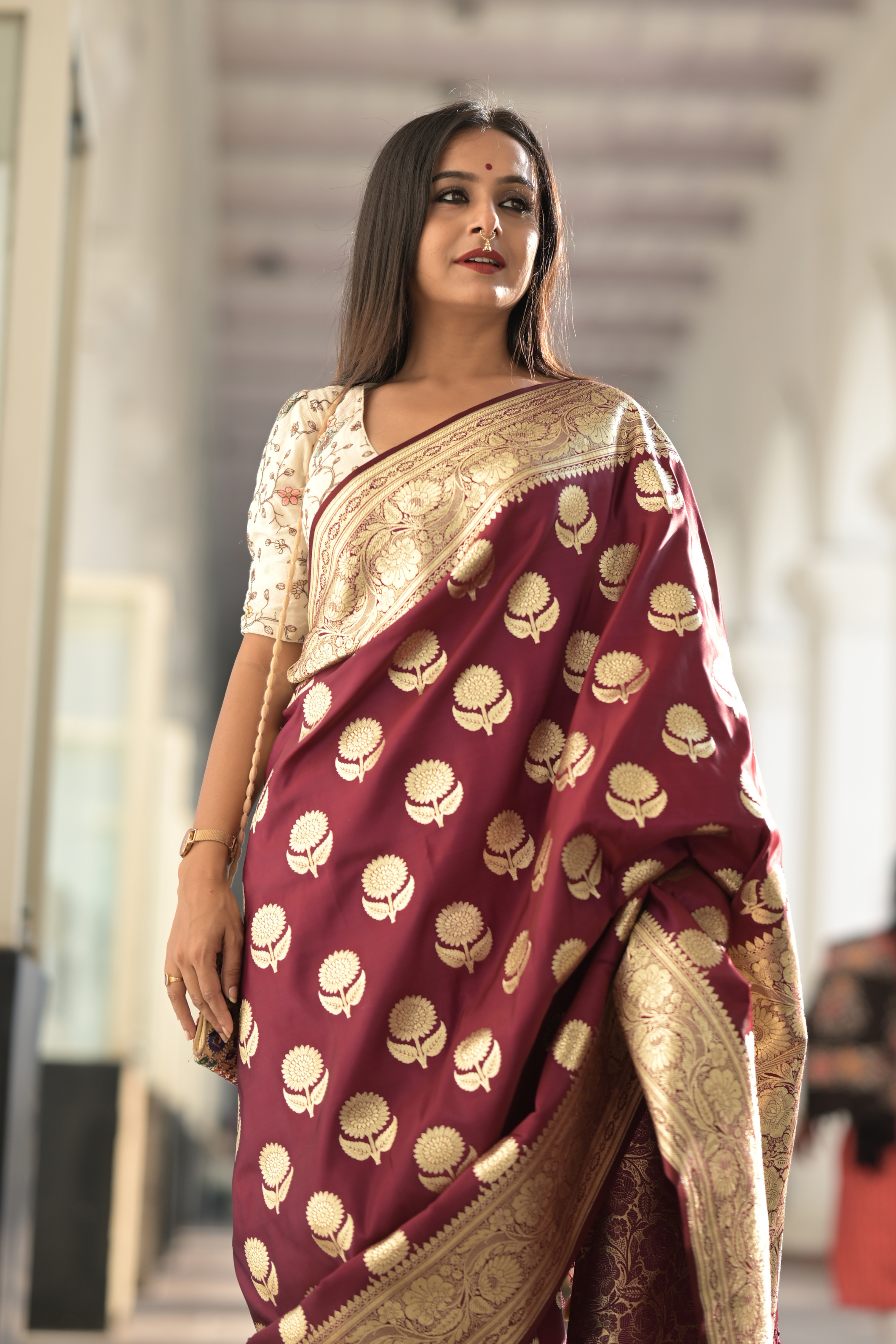 Wine Satin Silk Floral Buta Banarasi Saree