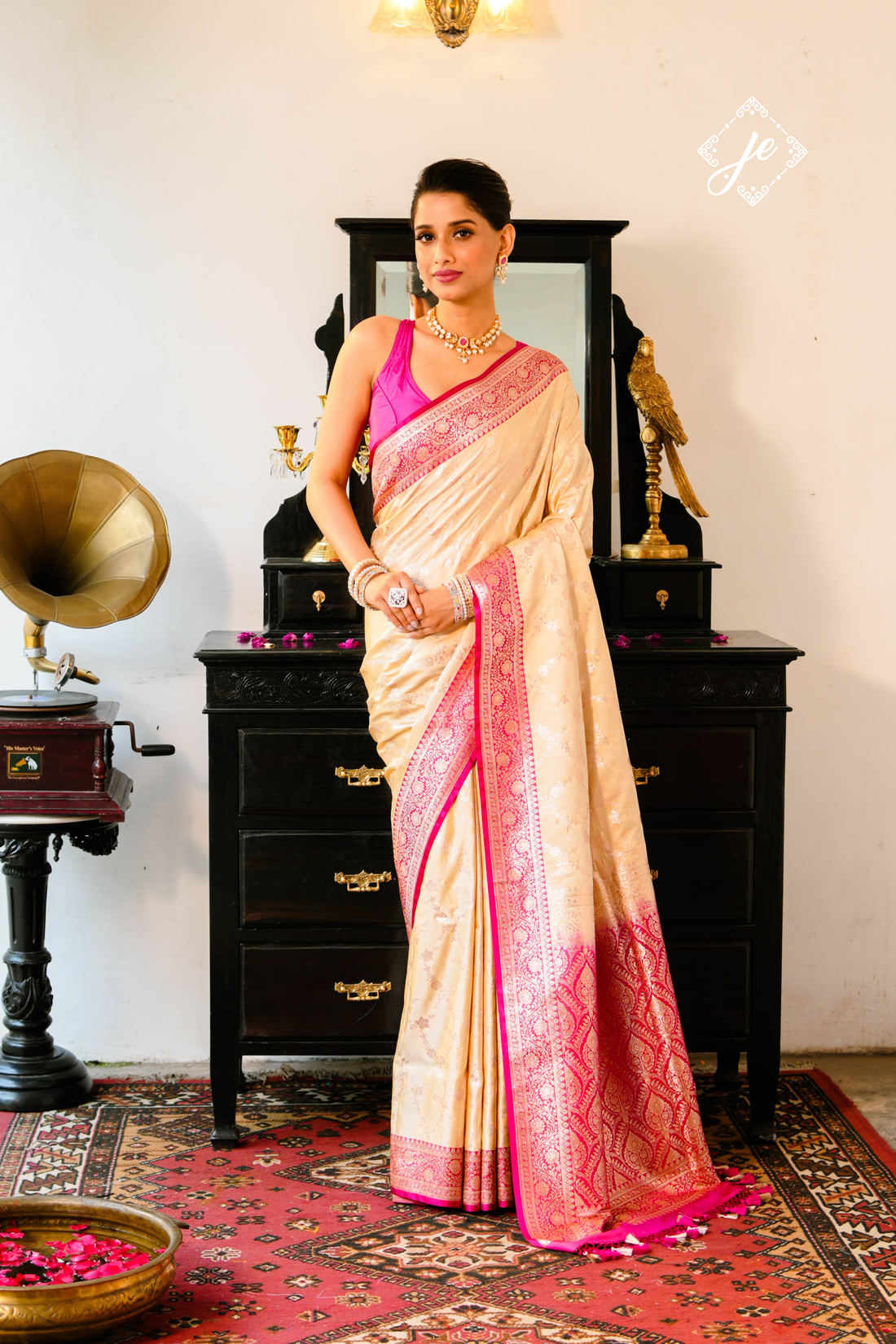 Beige Satin Silk with Contrast Rani Pink Border Banarasi Saree