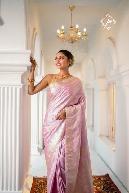 Pastel Pink Satin Silk Banarasi Saree