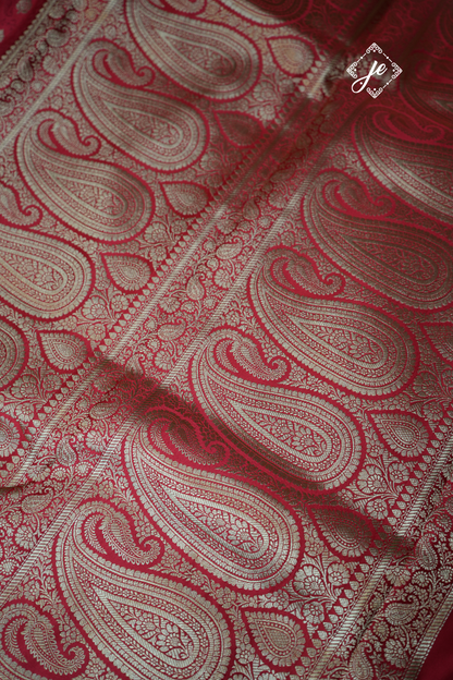 Red Satin Silk Jamevaar Buti Banarasi Saree