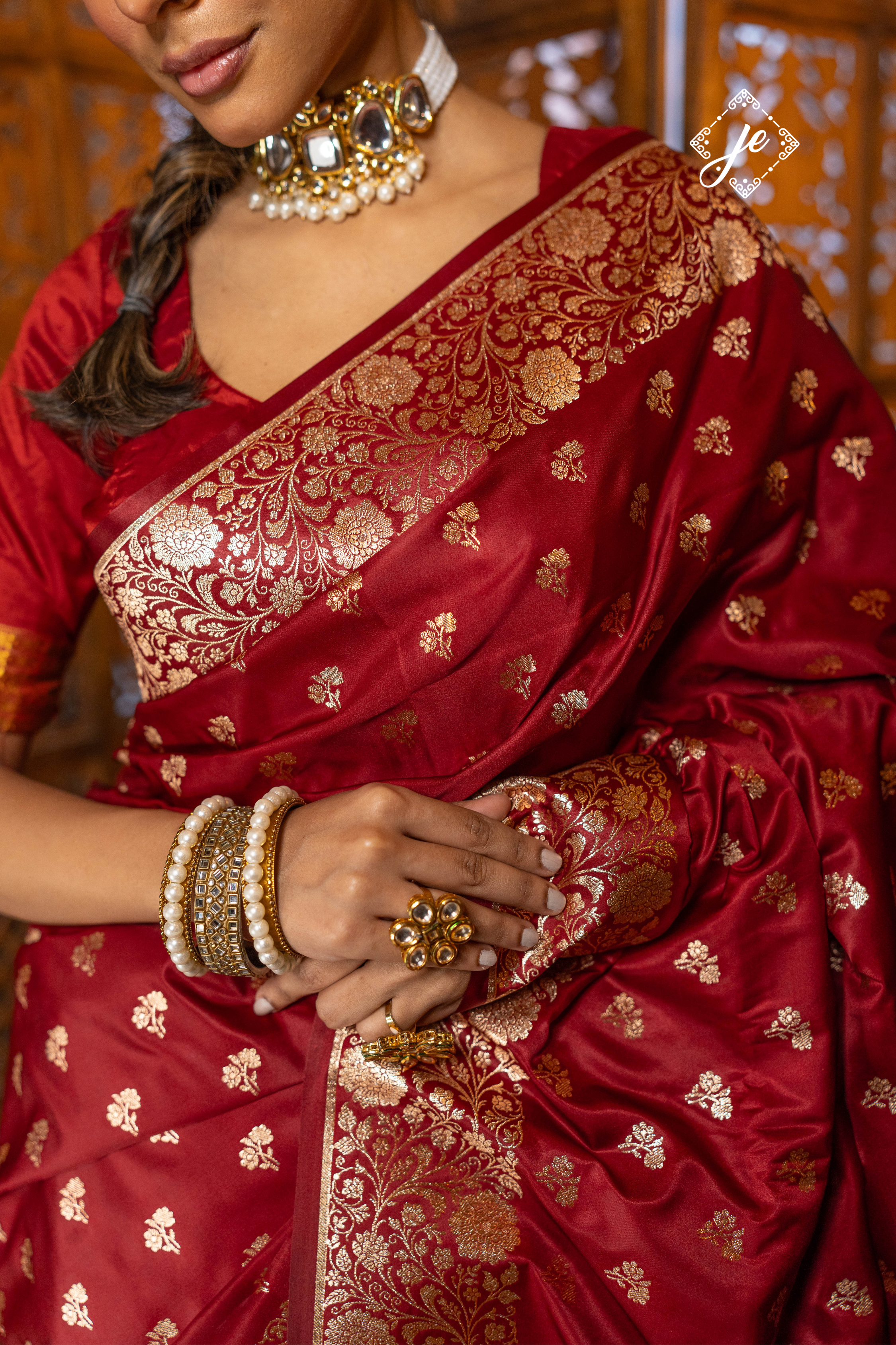 Maroon Open Border Satin Silk Buti Banarasi Saree