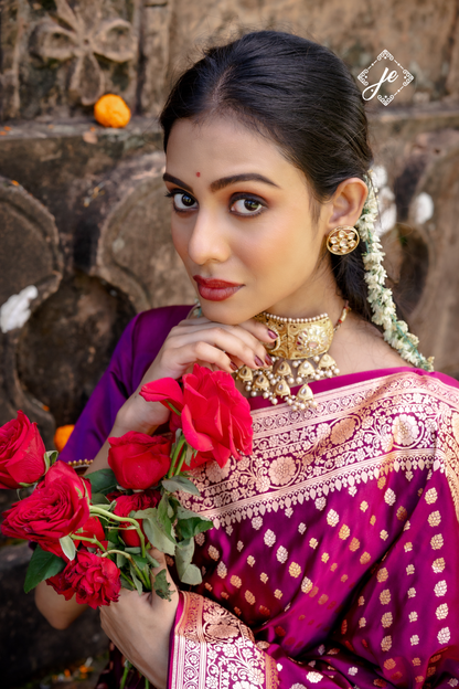 Purple Satin Silk Leheriya Buti Banarasi Saree