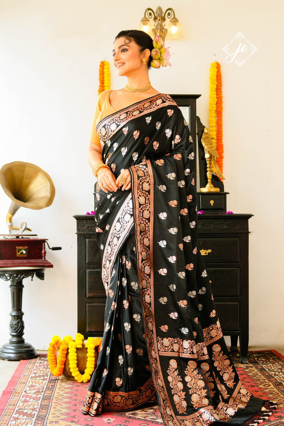 Black Satin Silk Banarasi Saree