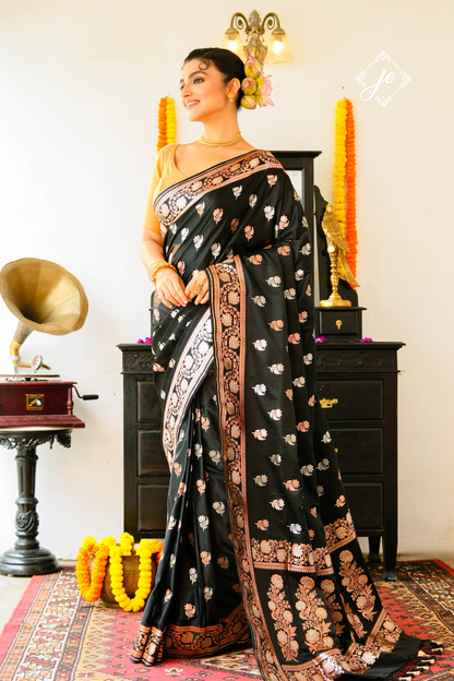 Black Satin Silk Banarasi Saree