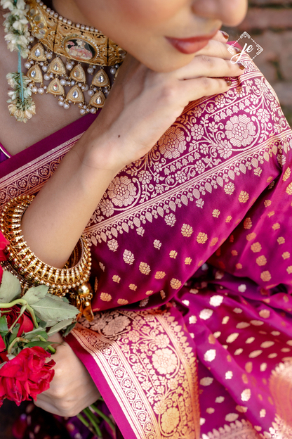 Purple Satin Silk Leheriya Buti Banarasi Saree