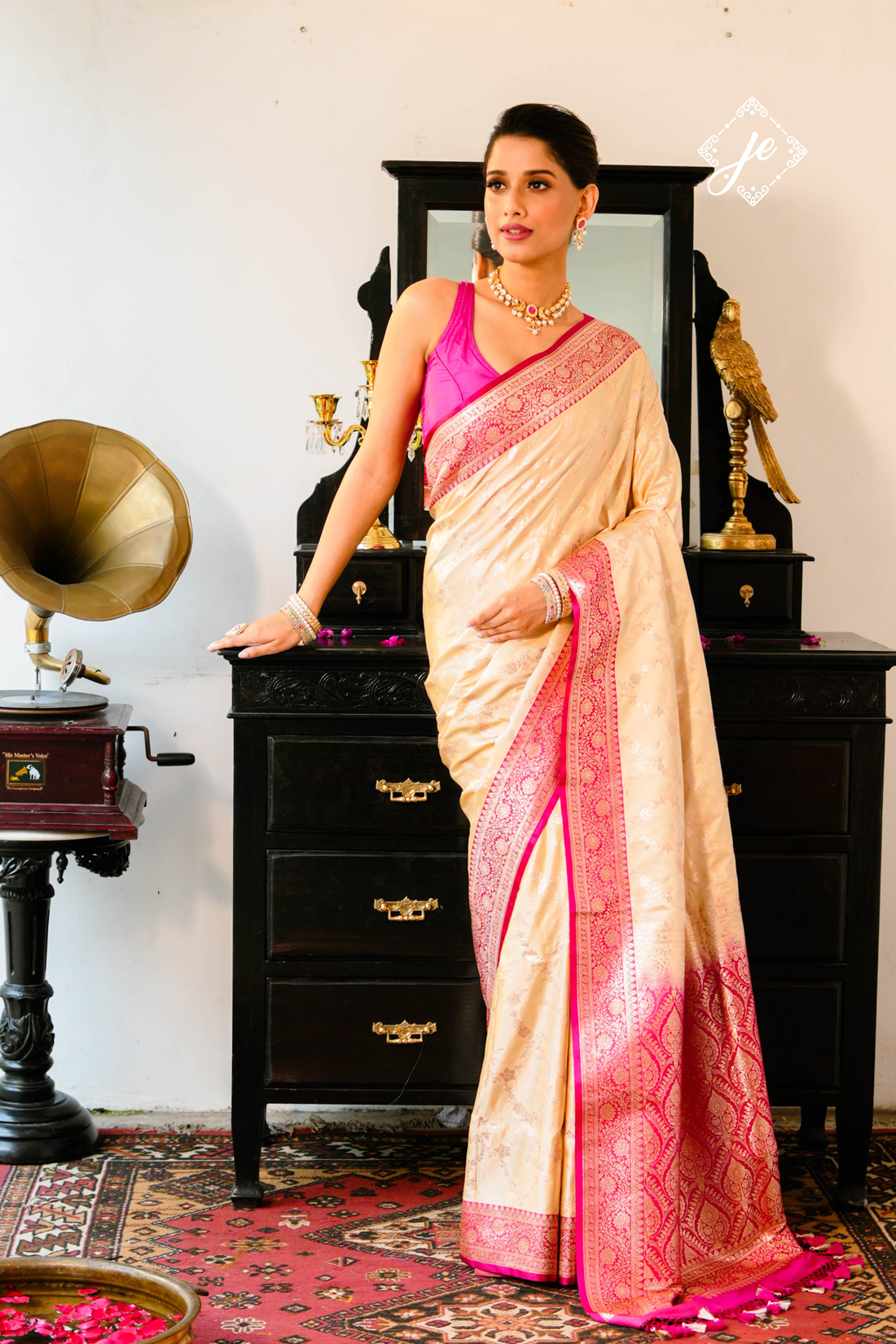 Beige Satin Silk with Contrast Rani Pink Border Banarasi Saree